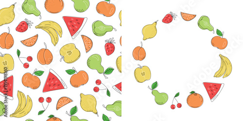 Set pattern, banner with space for text, round frame. Bright fruits and berries. Ingredients for juices, smoothies, and cocktails. Juicy ​​fruits. Food, colorful drawings, doodles. Seamless background