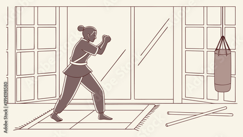 Person practicing martial arts at home with punching bag and wooden sticks