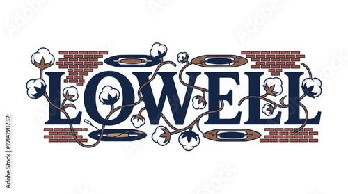 Lowell industrial textile design vector illustration with cotton and shuttles