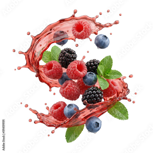 Mixed berries and mint splashing in red juice, isolated on transparent background