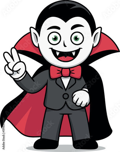 A cartoon vampire in a suit and cape giving a peace sign with his hand