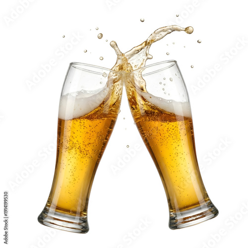 Two glasses of beer toasting with splash, isolated on transparent background