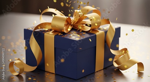 Elegant navy blue gift box with flowing gold ribbon and falling confetti