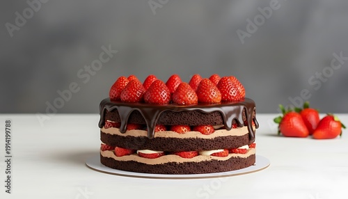 Decadent chocolate strawberry cake with rich ganache and fresh fruit topping.