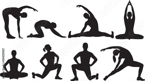 Yoga and stretching exercises silhouette collection