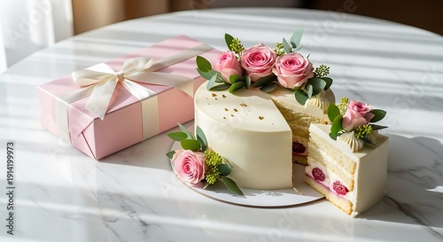 Elegant white cake with pink roses and raspberries, next to a gift box.