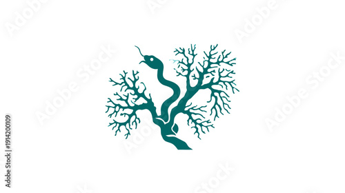 Stylized serpent coiled around a barren tree, minimalist teal illustration on white, symbolic nature design
