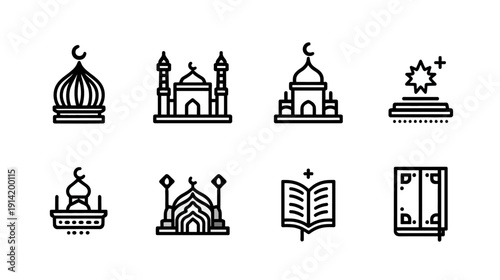 Set of Islamic line art icons including mosques, domes, crescent moon, and holy books. Ideal for religious events, Ramadan, and Muslim culture designs.