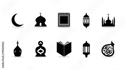 Islamic Symbols and Icons Set for Ramadan and Eid Mubarak. Muslim Religion, Culture, and Holy Day Vector Illustrations.