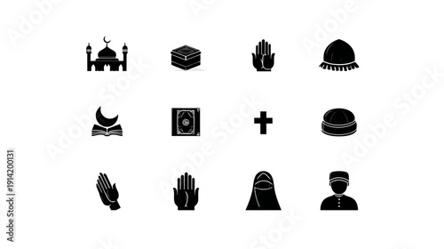 Set of diverse religious symbols, faith icons, and spiritual signs including Islamic, Christian, and Jewish elements