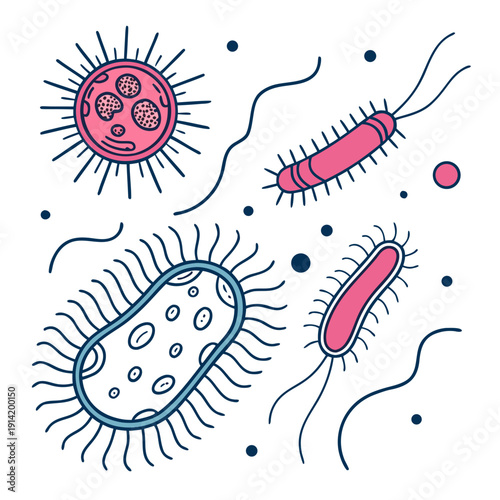 Bacteria and germs in pink and blue microorganisms