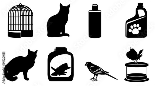Pet care supplies and domestic animals icon set. Silhouettes of cats, birds, cages, food, and grooming products for pet owners.