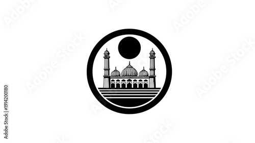 Elegant black and white mosque icon within a circle, symbolic Islamic architecture and worship place illustration