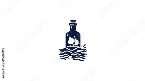 Vintage ship in a glass bottle on ocean waves illustration. Classic nautical adventure icon, maritime exploration concept.