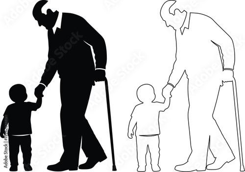 Elderly and children receiving assistance with walking aids in different scenarios
