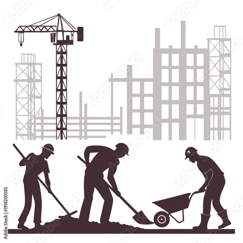 Construction workers with crane and building site