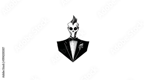 Elegant and Quirky Skeleton Gentleman Illustration in Tuxedo with a Stylized Mohawk Haircut