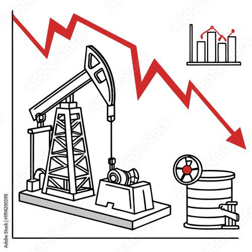 Oil pumpjack with falling oil prices graph oil well