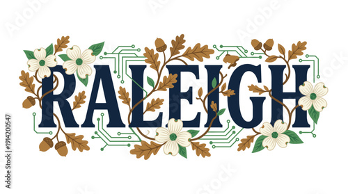 Raleigh city name with oak leaves and circuitry vector illustration