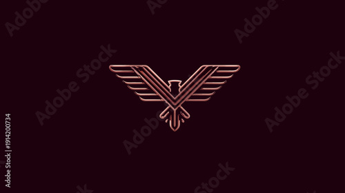 Stylized rose gold metallic eagle or phoenix bird emblem with outstretched wings on a dark background, abstract geometric logo design.