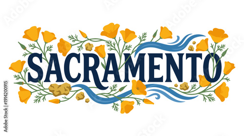 Sacramento city name with California poppies and river waves vector illustration