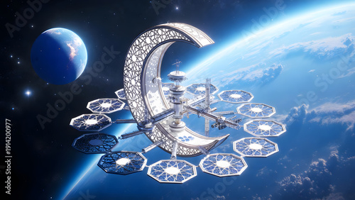 Futuristic lunar space station orbiting a vibrant planet in the cosmos