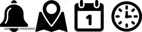 A set of icons representing notification, location, calendar, and time management