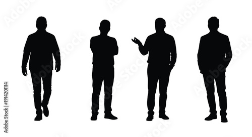 Men silhouettes set with various poses on white background, anonymous figures collection featuring black, standing, walking with gesturing and isolated elements for faceless, people projects, clean