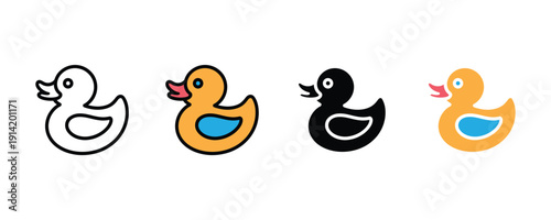 Rubber duck toy icon vector. Yellow bathtub ducky symbol for baby shower, childhood play, bath time fun, and preschool education set. Vector Illustration.