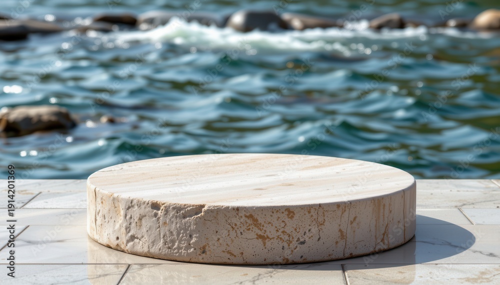 Naklejka premium Circular Natural Stone Platform with Calm Water Background in Serene Outdoor Environment