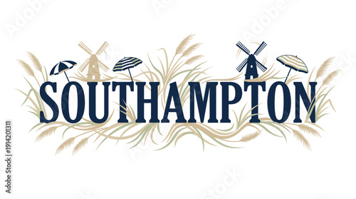 Southampton destination logo with windmills and beach grass vector illustration
