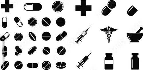 Medical and pharmaceutical symbols and pills