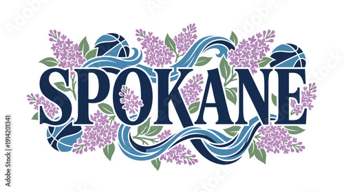 Spokane city typography with lilacs and basketballs vector illustration