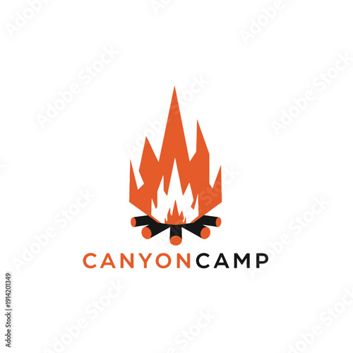 Vibrant orange campfire flame on wooden logs for outdoor survival and recreation adventures logo named CanyonCamp