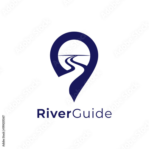 Map pin location with winding river path icon for nature tour agency or outdoor navigation app logo identity branding called RiverGuide
