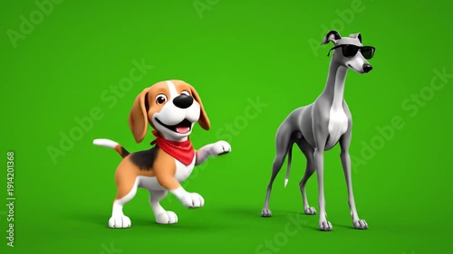 Animated beagle with bandana and greyhound with sunglasses against green screen backdrop video