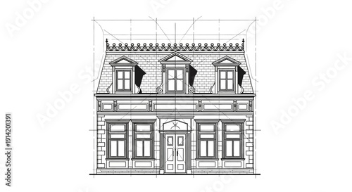 :
Highly Detailed Classic European Mansion Architectural Blueprint Style Front Elevation With Symmetrical Windows And Decorative Roofline
