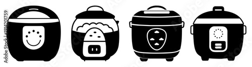 Set of four colorful retro smiley rice cookers isolated on black background for happy cooking and kitchen decor