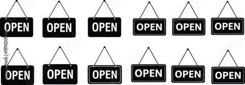 Collection of black open hanging signs isolated on white background