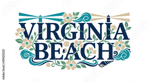 Virginia Beach nautical typography with lighthouses and flowers vector illustration