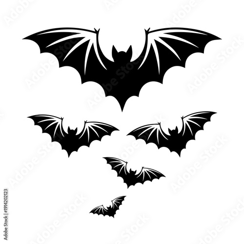 Bats in Flight Vector Silhouettes, Set of Halloween bat silhouettes on white background, black, symbol, set, design, flying, animal