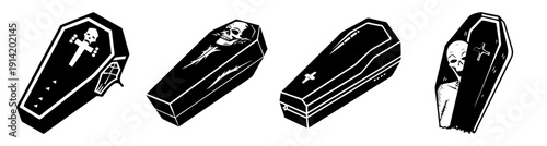 Four glossy black coffins with silver handles isolated on white background funeral memorial death concept