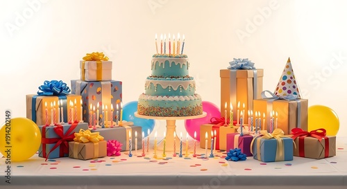 Festive birthday cake with lit candles and gift boxes, balloons, and confetti celebration