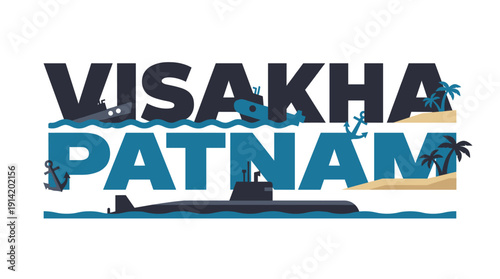 Visakhapatnam city typographic logo with maritime elements vector illustration
