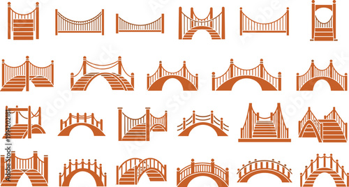 Bridge Architecture Vector Set Featuring Arched Footbridges, Decorative Railings, Wooden Walkways, and Classic Crossing Designs for Landscape Illustrations