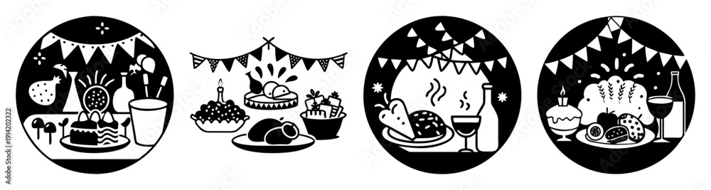 Obraz premium Halloween party celebration with black and white spooky decorations, festive desserts, and vintage frames set