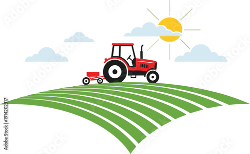 Cartoon green tractor vehicle working on a farm field under blue sky vector illustration isolated on white background