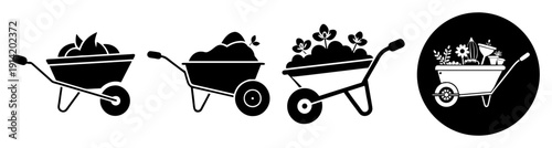 Hand drawn wheelbarrows moving forward line art black and white minimalist vector illustration for gardening and construction