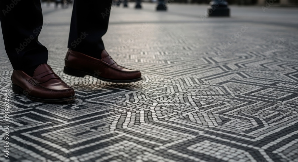 Fototapeta premium Man walking shoes on intricately patterned city pavement, stylish brown leather loafers stepping confidently. Man walking shoes suggests urban exploration and executive mobility.