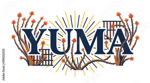 Yuma Arizona travel souvenir with ocotillo and sunburst vector